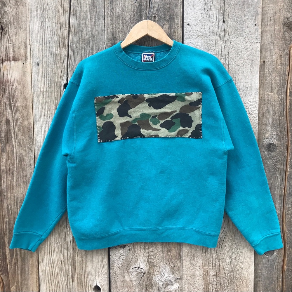 Reworked Crewneck Sweatshirt with Camo Handstitched Appliqué Block Size Large